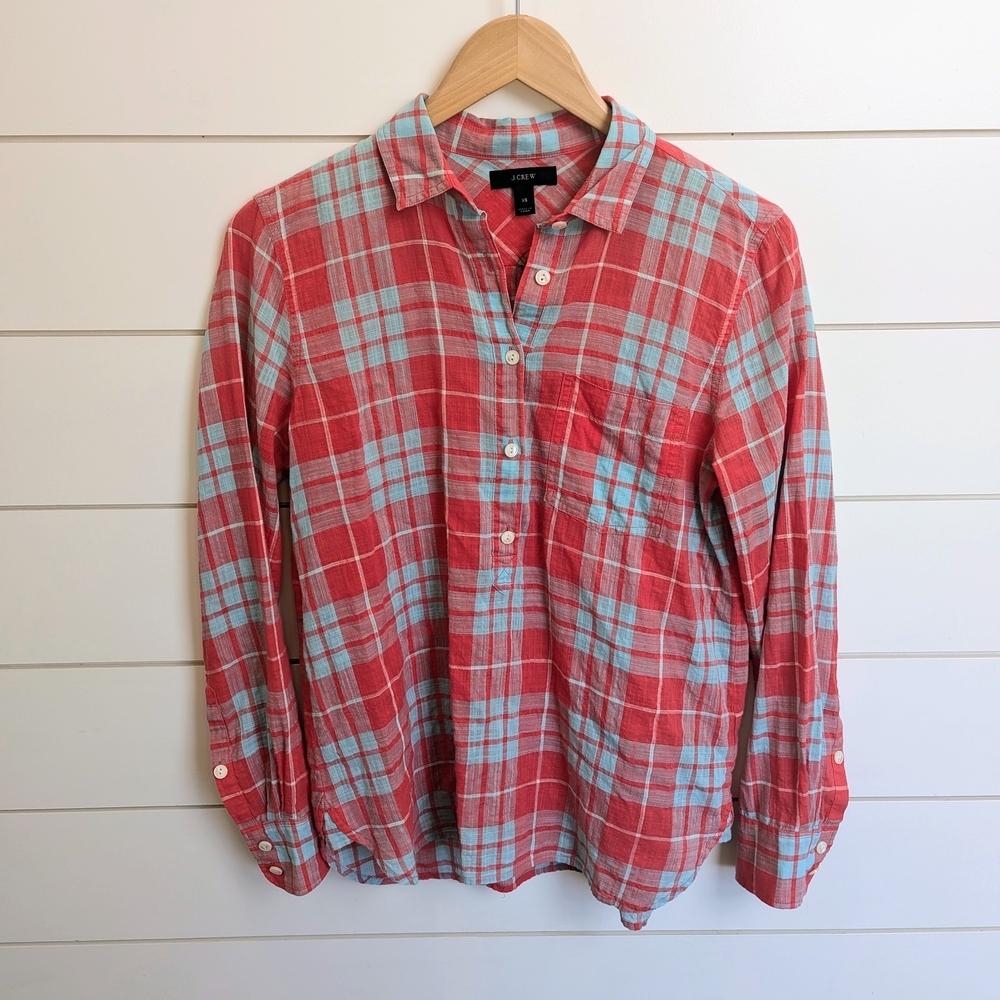 J. Crew Button Up Shirt Collared Plaid Pullover Coral Blue Lightweight XS